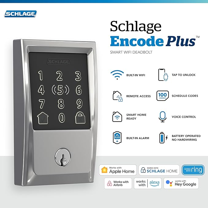 Schlage Encode Plus Smart Wi-Fi Lock for Front Door, Keyless Entry Deadbolt, Unlock with Apple Watch, Built-in WiFi and App Control, Easy Install, Alexa & Apple HomeKit Compatible, Bright Chrome