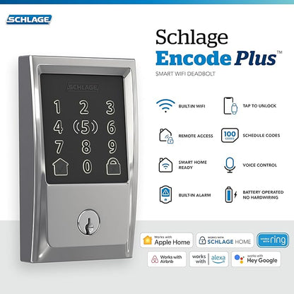 Schlage Encode Plus Smart Wi-Fi Lock for Front Door, Keyless Entry Deadbolt, Unlock with Apple Watch, Built-in WiFi and App Control, Easy Install, Alexa & Apple HomeKit Compatible, Bright Chrome