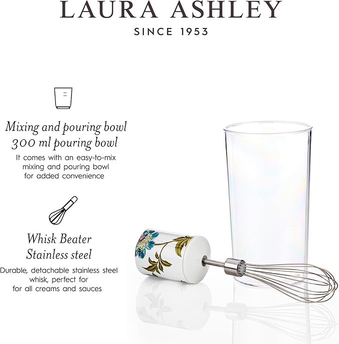 Laura Ashley 150W Immersion Blender Handheld - 4 in 1 Electric Hand Blender for Kitchen with Durable Stainless Steel Blades, Whisk & 300ml Mixing, Pouring Cup - 2 Speed Modes Hand Held Stick Blender