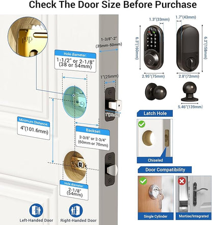 Veise RZ06C Smart Locks for Front Door, 2 Knob Handle Set, Keyless Entry Deadbolt, App Control, Electronic Touchscreen Digital Keypad, Auto Lock, Easy Installation, IP54 Waterproof, Matte Black