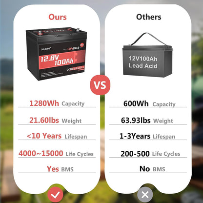2 Pack 12V 100Ah Mini LiFePO4 Battery, Built-in 100A BMS,1280Wh Deep Cycle Rechargeable Lithium Battery 6000+ Cycles 10-Year Lifespan for RV, Solar, Marine and Home Energy Storage