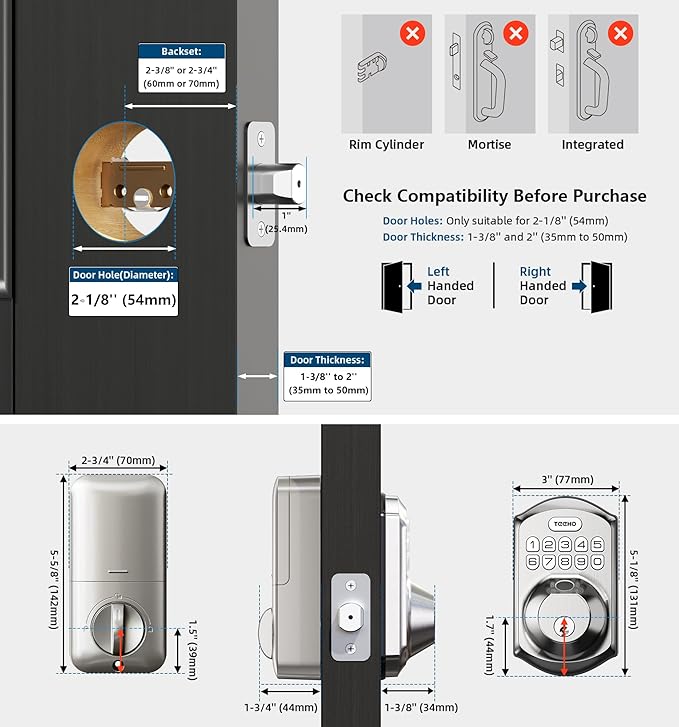TEEHO TE002 Fingerprint Door Lock - Keyless Entry Electronic Keypad Deadbolt with 2 Backup Keys - Auto Lock - Easy Installation - Smart Locks for Front Door - Satin Nickel