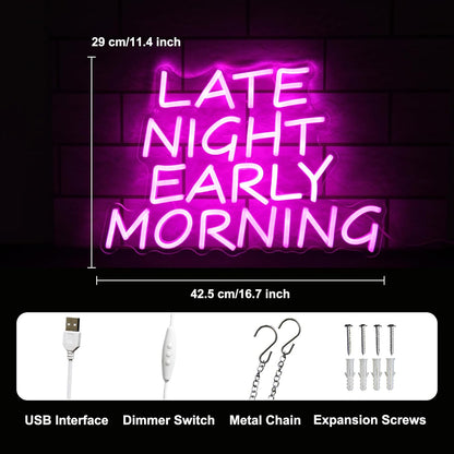 Bar Neon Sign Late Night Early Morning Neon Signs for Wall Decor Beer LED Neon Sign Pink Letter Neon Light Sign Dimmable Neon Lights for Bedroom Bar Party Hotel Club Party Man Cave Decor