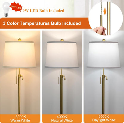 Gold Floor Lamp for Living Room, Tall Standing Lamp 55-65" Adjustable Modern Brass Floor Lamps for Bedroom Reading Office Kids 3 Color Lights Corner Night Stand (9W LED Bulb, White Shade)