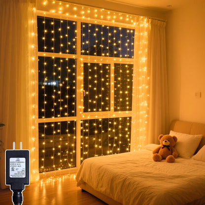 300 LED Curtain String Lights 9.8FT Plug in Fairy Lights with Timer and 8 Modes, Waterproof Window Wall Lights for Bedroom Wedding Party Indoor Outdoor Christmas Decor