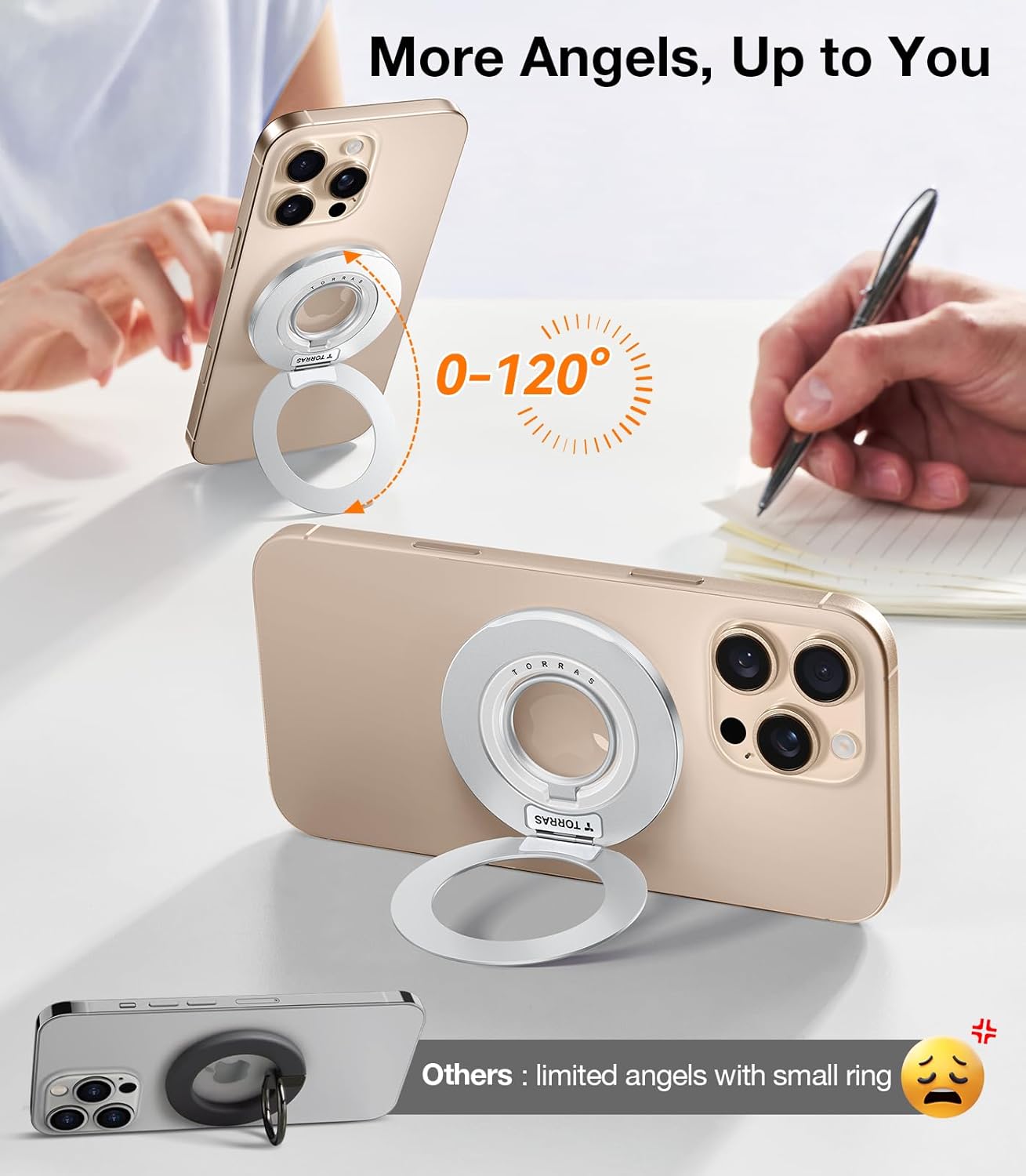 TORRAS 2025 Upgrade [Dual-Ring] Fit for MagSafe Phone Grip Ring Holder [Dual-Ring] Compatible with MagSafe Kickstand Magnetic for iPhone 16/15/14/13/12/11 Samsung, Google Accessories, Silver White