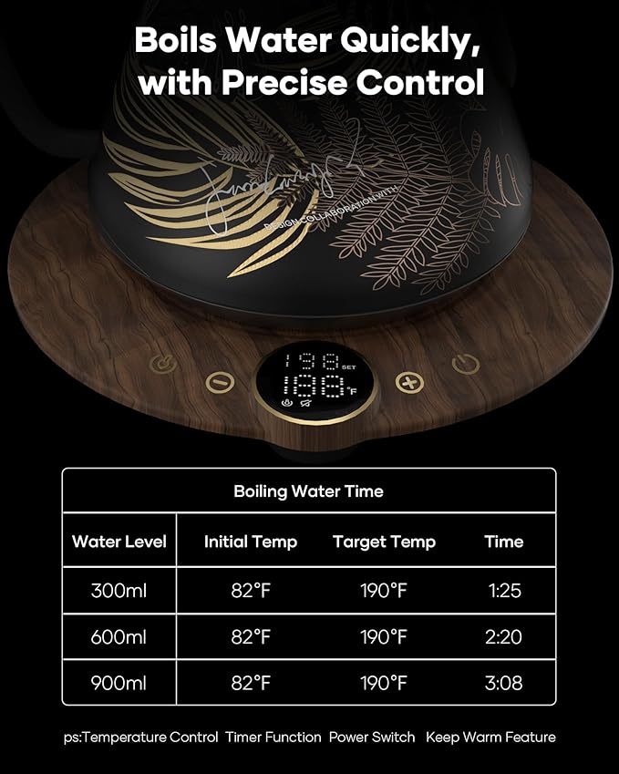 Cocinare Barista Collection Rainforest Gooseneck Electric Kettle, ±1℉ Precise Temperature Control for Pour-Over Coffee & Tea, Quick Heating 1500W, Stainless Steel Interior, 0.9L
