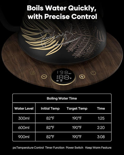 Cocinare Barista Collection Rainforest Gooseneck Electric Kettle, ±1℉ Precise Temperature Control for Pour-Over Coffee & Tea, Quick Heating 1500W, Stainless Steel Interior, 0.9L