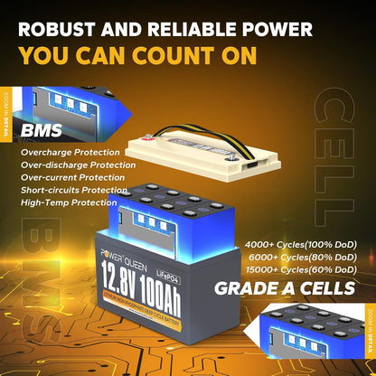 power queen 12.8V 100Ah Deep Cycle Lithium Iron Phosphate Battery with 14.6V 10A Dedicated LiFePO4 Battery Charger, Constant Charged, Ideal Bundle for RV, Camping, On-Grid and Off-Grid System