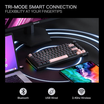 Redragon K720 Wireless CNC Gasket Gaming Keyboard w/Hype Screen & Knob, 81 Keys Mechanical Keyboard, Smart 1.14’’ TFT Info Display, 5-Layer Noise Dampening, Custom Linear Switch, Dawn Sakura Color