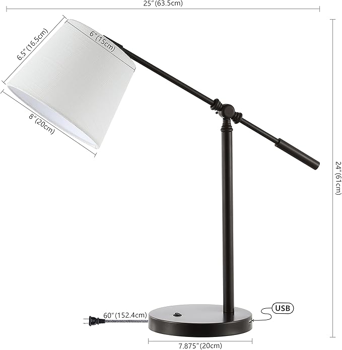 JONATHAN Y 24" Oil Rubbed Bronze 1-Light Iron LED Task Lamp with USB Port, Classic Vintage Industrial Table Lamp with Adjustable Head and Linen Shade, LED Bulb Included JYL1129A