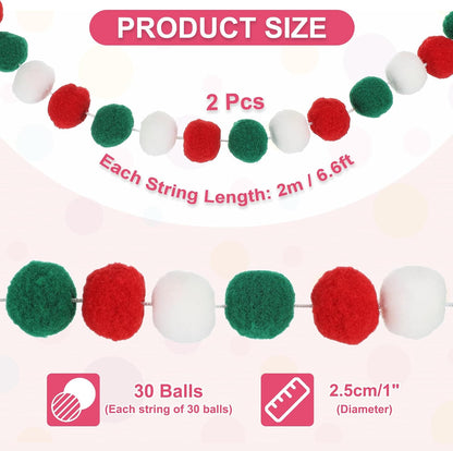 PATIKIL 13Ft Pom Pom Garland Decorations, 2Pcs Colorful Felt Ball Garland Banner Cute Rainbow Pompom Hanging Decorations for Tree Ornaments Homes Decor, Red/Green/White