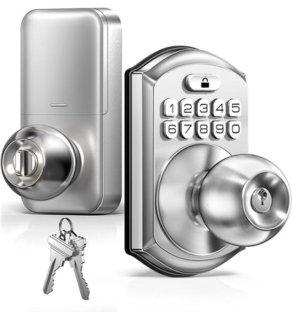 TEEHO TE003 Keyless Entry Keypad Door Lock with Handle, Electronic Digital Smart Deadbolt Locks with 2 Backup Keys, Door Knob with Code for Front Door Bedroom, Auto Lock, Easy to Install, Satin Nickel