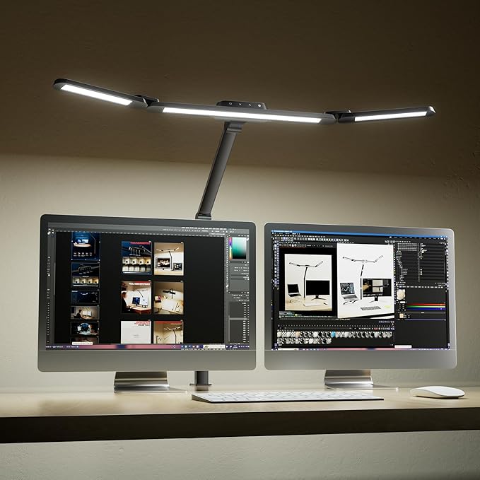 Honeywell Wide Desk Lamp with Clamp for Dual Monitors,22W Full-Spectrum Eye-Caring LED Light Bar for Home Office, 3-Section Adjustable Design with Stepless Dimming
