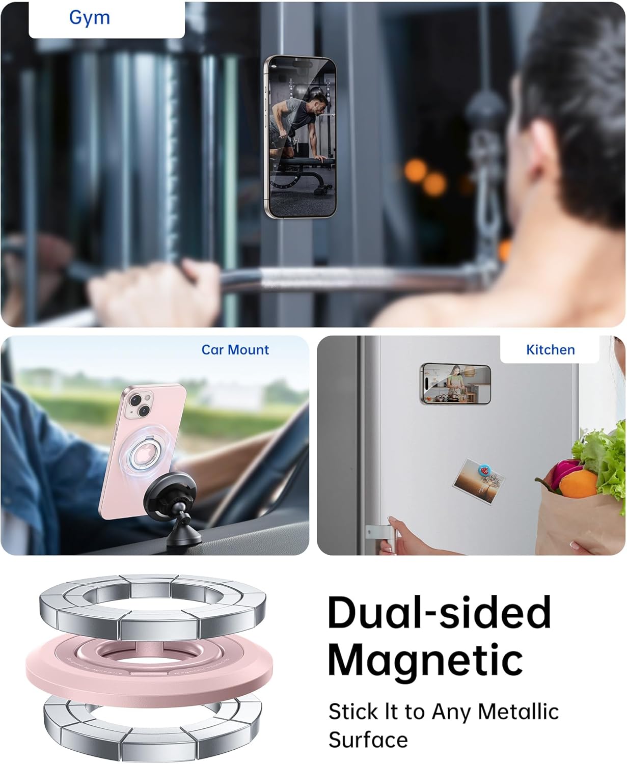 SYNCWIRE Magnetic Phone Ring Holder for MagSafe, 360° Rotation Dual Sided Magnet Grip Cell Phone Ring Stand Finger Kickstand Compatible with iPhone 16 15 14 13 12 Pro Max fits MagSafe - Pink