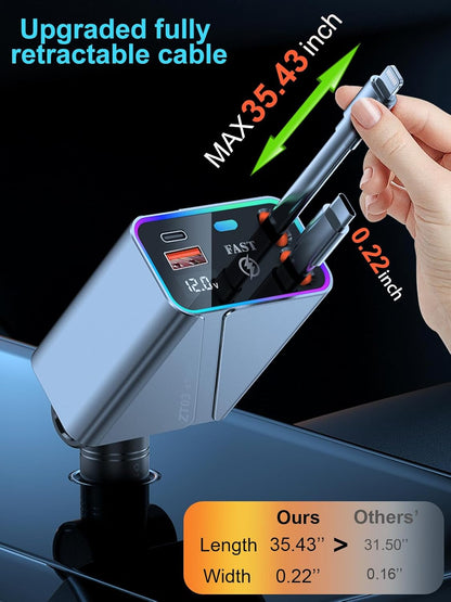 4 in 1 Retractable USB C Car Charger Adapter - 146W/65W Fast Charging, 35.43in Cord, Gift for Men & Women, Compatible with iPhone 16/15/14/13/12 & Android