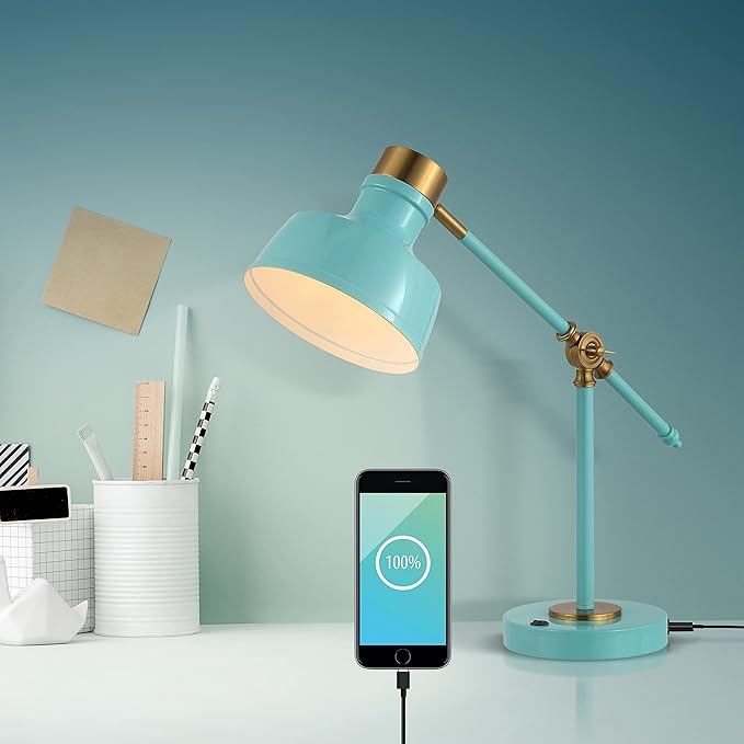 JONATHAN Y 18.5" Cyan/Brass Gold Adjustable Cantilever LED Task Lamp with USB Charging Port, Vintage Farmhouse Desk Lamp for Home Office Reading, Metal Shade (JYL7124C)