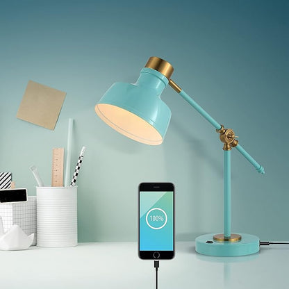 JONATHAN Y 18.5" Cyan/Brass Gold Adjustable Cantilever LED Task Lamp with USB Charging Port, Vintage Farmhouse Desk Lamp for Home Office Reading, Metal Shade (JYL7124C)