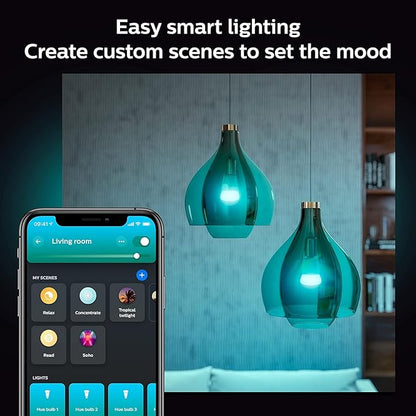Philips Hue Smart Light Starter Kit - Includes (1) Bridge and (4) 75W A19 E26 LED Smart White and Color Ambiance Bulbs - Control with App - Compatible with Alexa, Google Assistant, and Apple HomeKit
