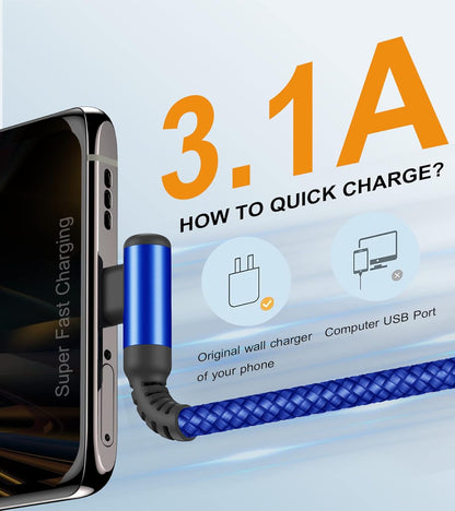 sweguard USB C Cable Right Angle [3Pack, 10FT+6.6FT+3.3FT], USB Type C iPhone 15 Charger Cable Nylon Braided Cord for iPhone 16 15 Pro Max Plus, Samsung Galaxy S25 S24 S23 S22 S21 S10 Note 20 10,Moto