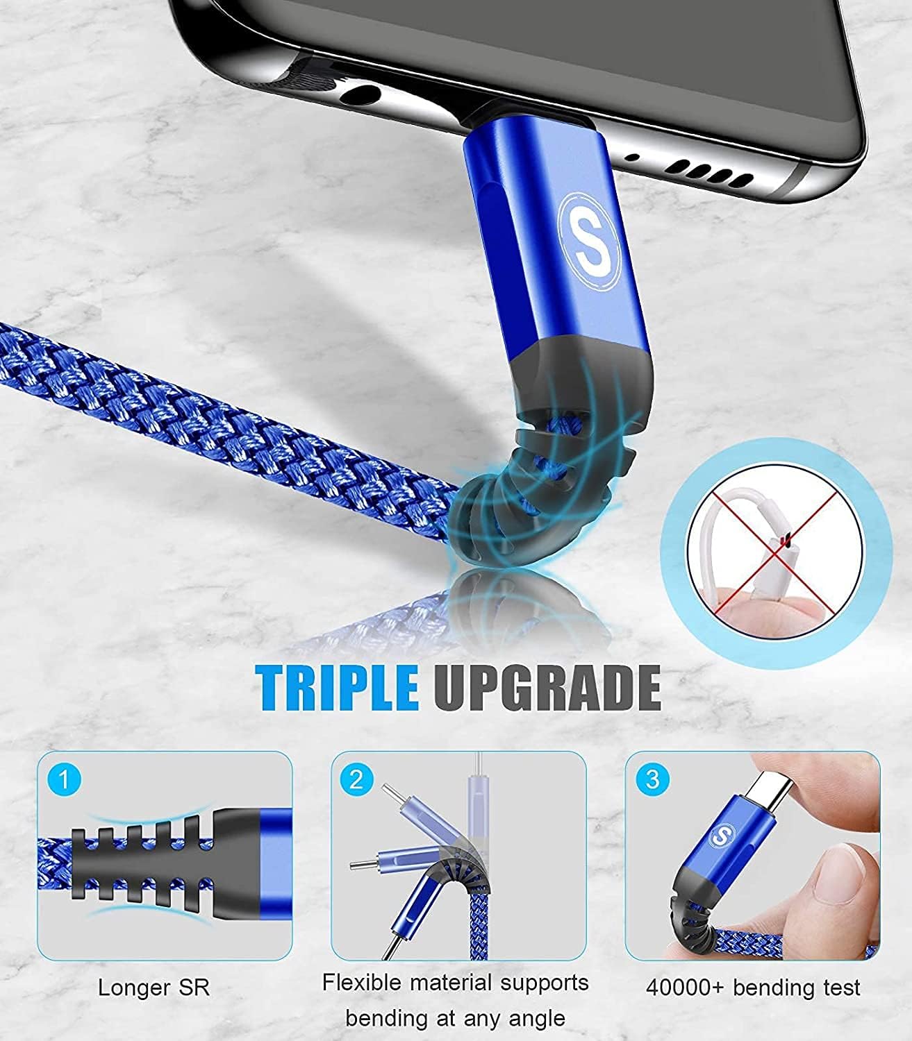sweguard USB Type C Charger Cable [3-Pack,10ft+6.6ft+3.3ft] iPhone 15 Charger Nylon Braided Cord for iPhone 15 Pro Max Samsung Galaxy S23 S22 S21 S20 S10 Note 20 10 Flip A53 A54 Pixel LG Moto PS5-Blue
