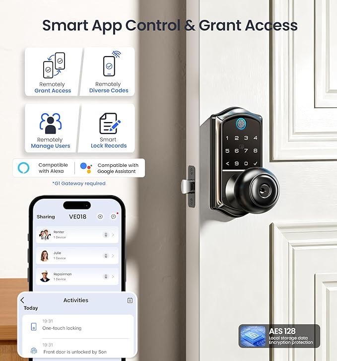 Veise VE018 Smart Knob Handle Lock - Fingerprint, App Control, Keyless Entry for Front Door and Bedroom, Electronic Digital Keypad, Auto Lock, Remote Access Sharing, IP55 Weatherproof, Matte Black