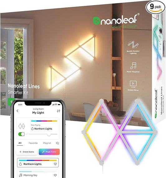 Nanoleaf Lines WiFi Smart RGBW 16M Color LED Dimmable Gaming and Home Decor Wall Lights Smarter Kit (60 Degree Smarter Kit (9 Lines))