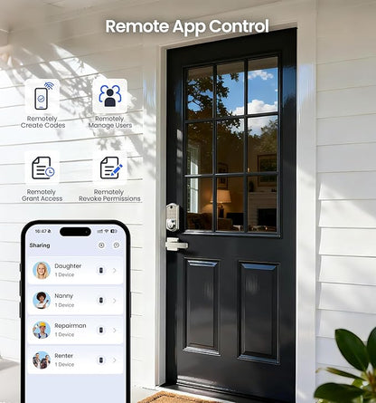 Veise VE017-B Fingerprint Smart Lock for Front Door, App Control, 8-in-1 Keyless Entry Deadbolt with 2 Zinc Alloy Lever Handles Set, Emergency Power Port, Auto Lock, Electronic Keypad, Satin Nickel