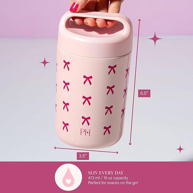 Paris Hilton Stainless Steel Food Jar, Double Wall Vacuum Sealed Insulated Food Storage Container with Carry Handle Lid, 16-Ounce, Pink with Bow Design