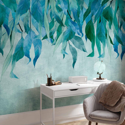 artgeist Premium Wall Mural Hanging Leaves 177x124 in - Non-Woven Wallpaper Fleece Wall Decor Photo Print Picture Image Design Nature Botanical Concrete Green Blue b-C-10146-a-b