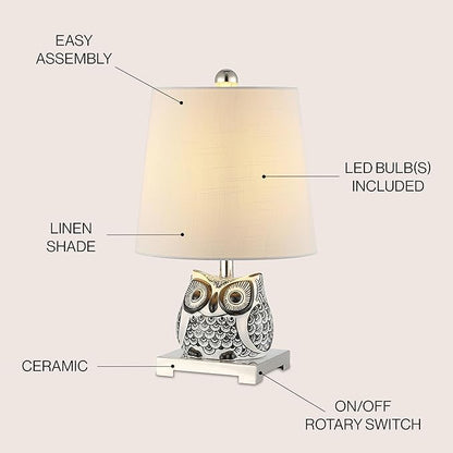 JONATHAN Y 16" Black/White Ceramic Owl Mini Table Lamp for Bedroom or Office, Modern Farmhouse Nightstand Lamp with White Linen Shade, LED Bulb Included (JYL3014C)