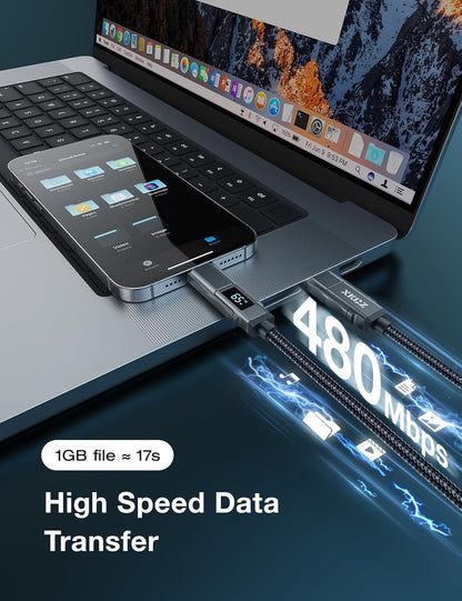 4 in 1 USB C Cable with Wattage Display, 65W Round Nylon Braided Multi Charging Cable with Data Sync, USB C Charging Cord Combo Type C/USB A/iPhone Port for iPhone/iPad/Samsung/Laptop, 3FT