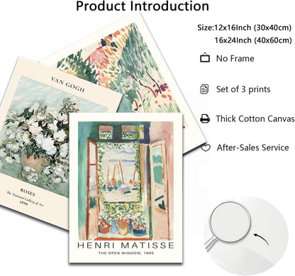 Sage Green Matisse Wall Art Posters Set of 3 Vintage Vin Gogh Flower Market Painting Decor Retro Open Window Canvas Prints Abstract Aesthetic Artwork Picture for Living Room Bedroom 12x16in Unframed