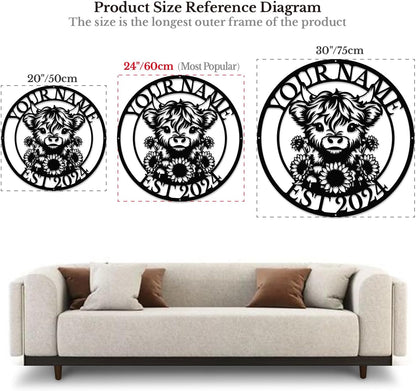 Personalized Highland Cow Name metal Signs,Custom Highland Cow Metal Shed Wall Decor,Black Metal Wall Art Plaques Outdoor wall Decorative Signage (Style E)
