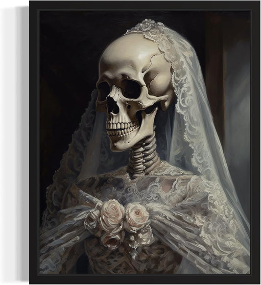Skull Gown Poster Art Print, Halloween Scary Vintage Wall Art Academia Spooky Painting Decoration for Horror Prints, Gothic Posters Bedroom Decor 89 (Skull Gown, 8 x 10 inches, Black Frame)