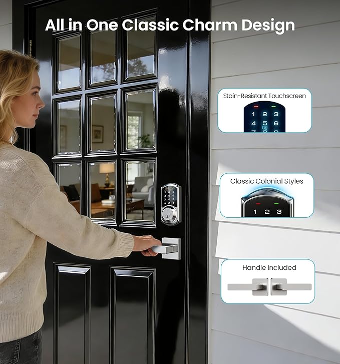 Veise VE06-L Smart Locks with 2 Lever Handle Set, App Control, Keyless Entry Deadbolt for Front Door, Electronic Digital Touchscreen Keypad, Auto Lock, Waterproof, Easy Installation, Satin Nickel