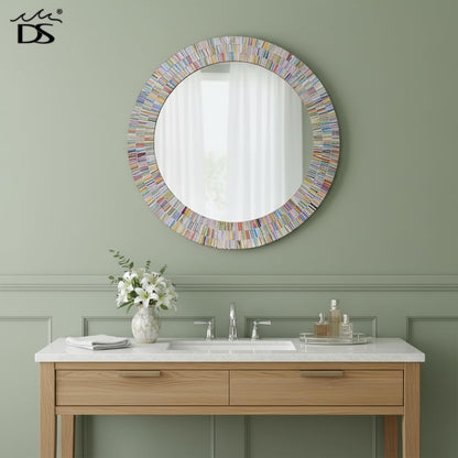 Bohemian Rainbow Wall Mirror -Glass Mosaic Mirror Decorative Wall Mirror, Multi Color Spectrum Wall Mountable, 24" Multi-Color Round Framed Mirror