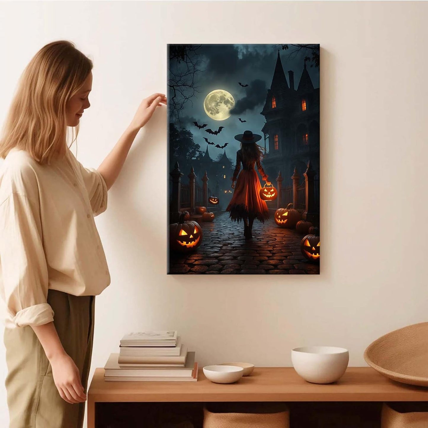 JFHCQJPK Halloween theme poster moonlit autumn night witch vintage poster art print dark college style gothic painting canvas wall decoration bedroom living room ideal gift8x12in Frameless