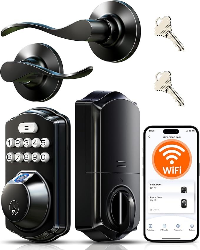 Veise VE012W-B Wi-Fi Fingerprint Smart Lock with Handle Set, Remote App Control, Keyless Entry Front Door Lever, Built-in WiFi No Hub Needed, Backlit Keypad Deadbolt, Auto-Locking, Matte Black