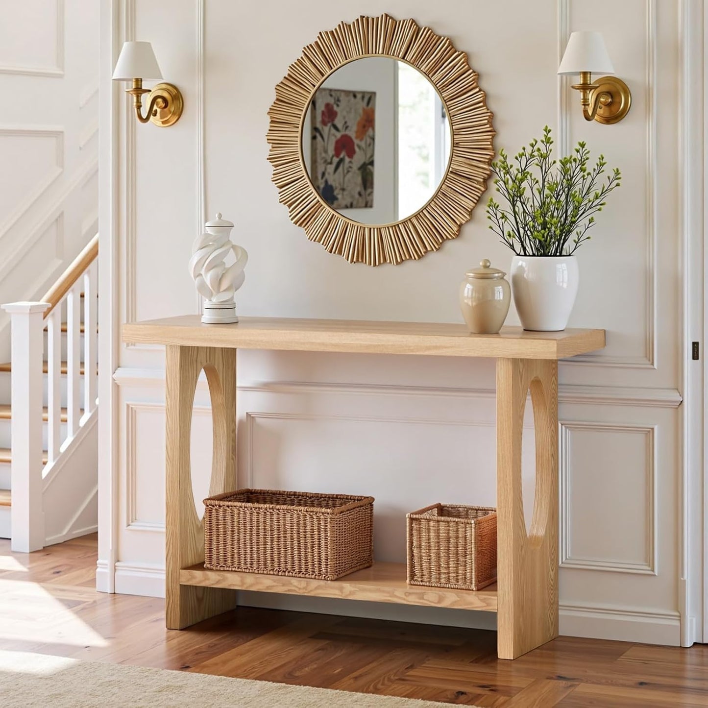 BECHAEO 47-Inch Farmhouse Narrow Console Table, 2'' Thickened Entryway Table with Solid Wood Veneer, 2-Tier Sofa Tables Behind Couch, Rectangle Hallway Tables for Living Room, Foyer Rustic Oak