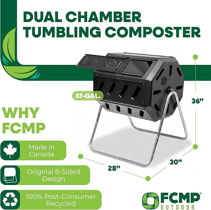 FCMP Outdoor IM4000 Dual Chamber Tumbling Composter Canadian-Made, 100% Recycled Resin - Outdoor Rotating Compost Tumbler Bin for Garden, Kitchen, and Yard Waste, Black (37 Gallon)