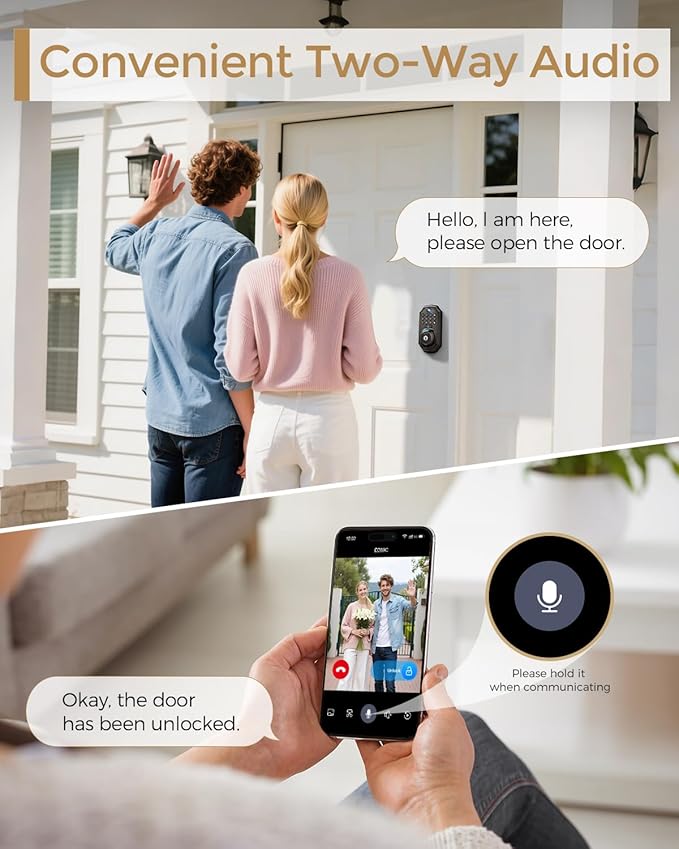 WiFi Video Smart Lock with Camera -Keyless Entry Deadbolt, 5-in-1 (Camera+Doorbell+Fingerprint+Keypad), App Control, Two-Way Audio, Waterproof, Easy Installation