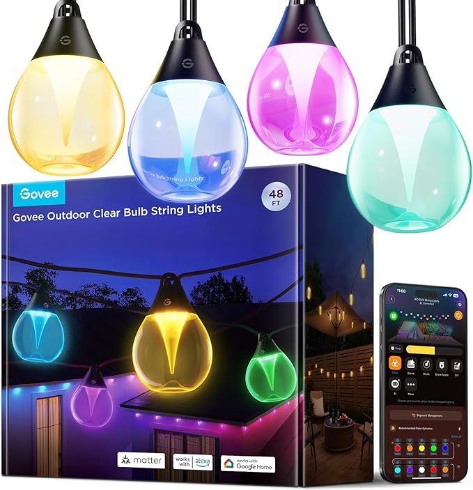 Govee Outdoor Clear Bulb String Lights, 48ft RGBWIC Outdoor String Lights with 15 Dimmable Warm White LED Bulbs, 111 Scene Modes for Patio, Backyard, IP67 Waterproof, Works with Alexa, Google & Matter