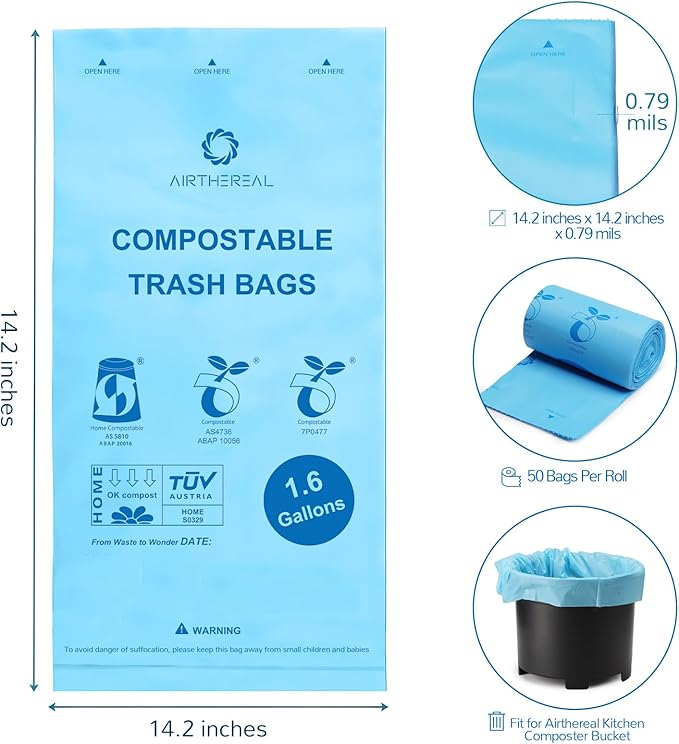 Airthereal Bundle | Electric Kitchen Composter Bucket with Lid and 3-Pack Compostable Trash Bags (1.6 Gallon, 150 Count, Blue) - Compatible with R500 Revive Electric Kitchen Composter