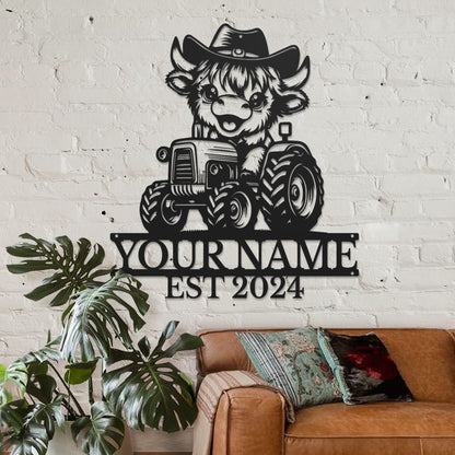Personalized Highland Cow Name metal Signs,Custom Highland Cow Metal Shed Wall Decor,Black Metal Wall Art Plaques Outdoor wall Decorative Signage (Style B)