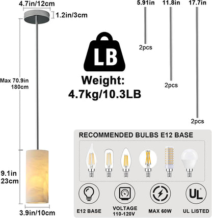 Alabaster Pendant Light Kitchen Island, H-9.5in Nickel Pendant Light Fixtures with Natural Marble Shade, Adjustable Ceiling Pendant for Dining Room, Living Room, Bedroom & Bathroom