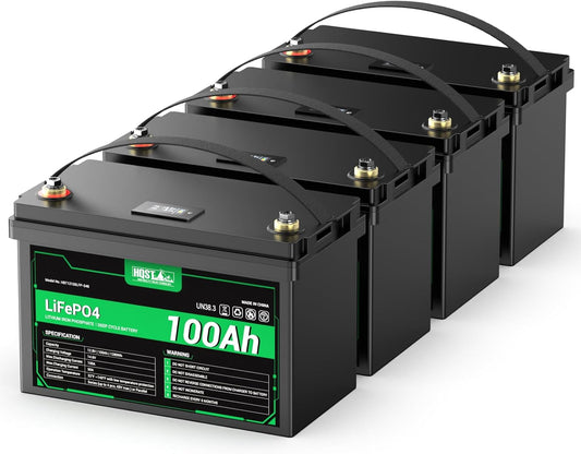 HQST 12 Volt 100Ah Lithium Iron Phosphate Battery with LED Meter,LiFePO4 Battery,10 Year Lifetime,Low & High Temp Protection,Supports in Series and Parallel for RVs,Trolling Motors Boats,Marine-4 Pack