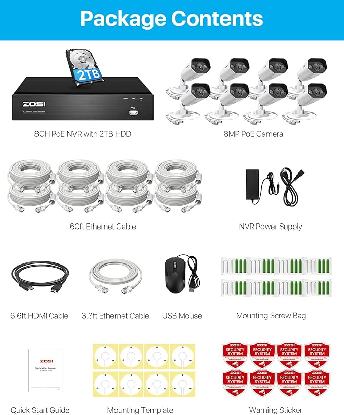 ZOSI 8CH 4K Spotlight PoE Security Camera System, 8pcs 8MP Outdoor Indoor Metal Cameras, Person/Vehicle Detection, 2 Way Audio, Color Night Vision, 8Channel NVR with 2TB HDD for Home 24/7 Recording