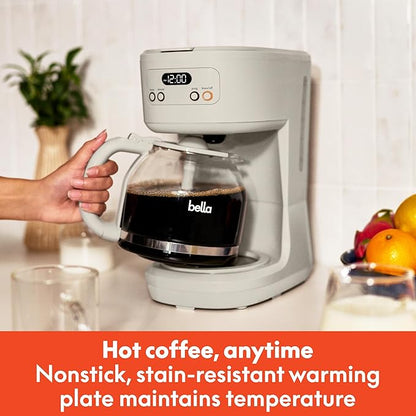 BELLA 12 Cup Programmable Coffee Marker, Reusable Dishwasher Safe Accessories, Easy LCD diaply, Auto Shutoff, 900 watt, Oatmilk