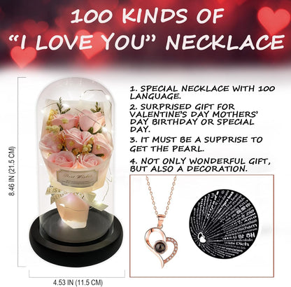 Gift for Her Forever Flower Bouquet for Delivery Prime Preserved Pink Roses Glass Dome LED Light 100 Languages I LOVE YOU Necklace Mothers Day Birthday Romantic Valentines Gift for Wife Women Mom
